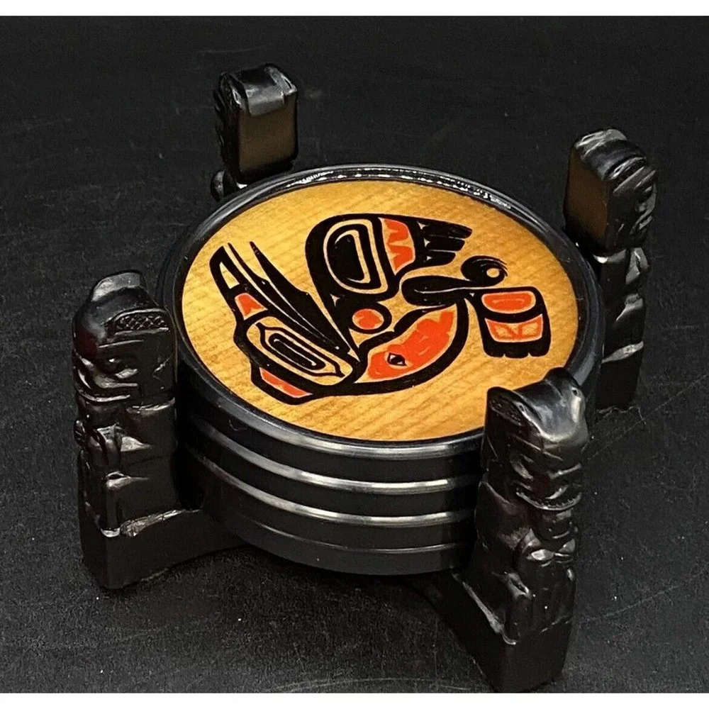BOMA Coasters Lot 4 With Totem Holder Red Cedar Made In Canada First Nation